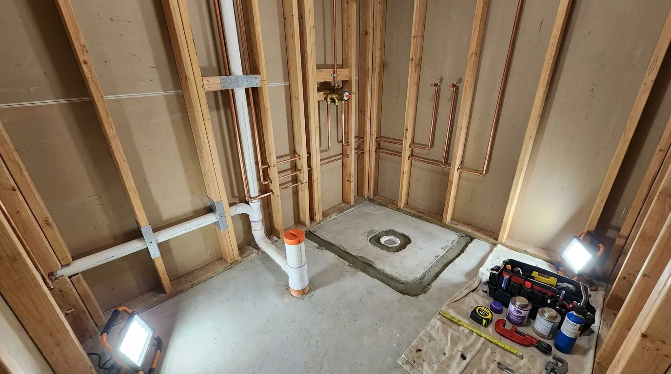 Bathroom rough-in plumbing during remodel by Johns Plumbing LLC in Canaan