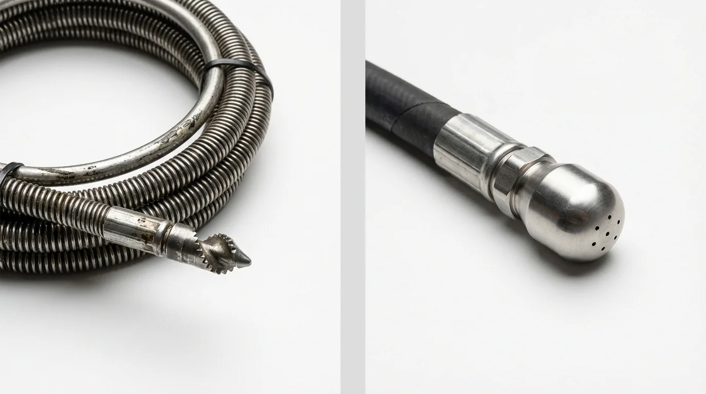 Drain snake cable and hydro jetting nozzle used for drain cleaning in Canaan, ME
