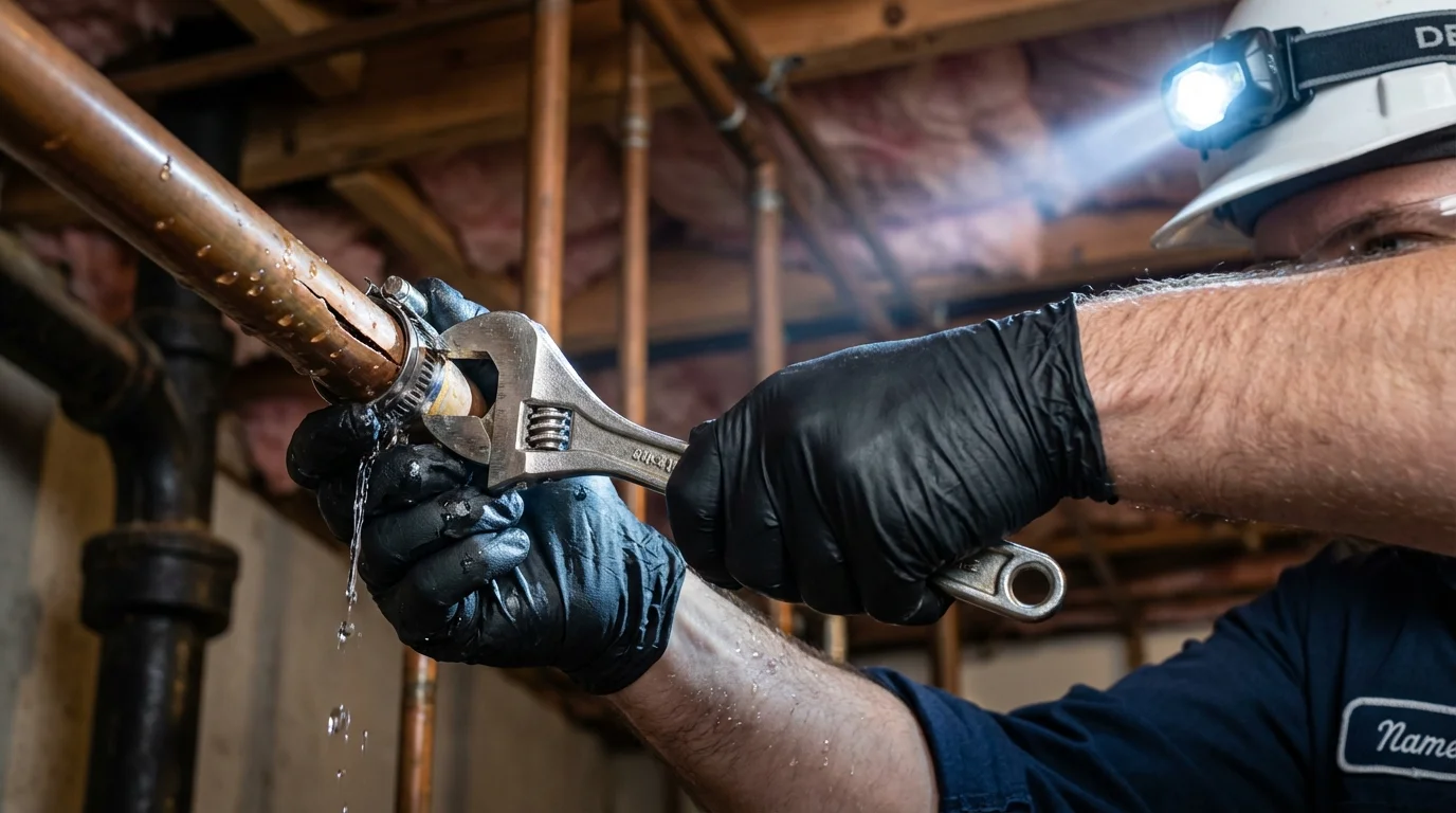 Emergency pipe clamp repair being performed by a Johns Plumbing LLC plumber in Canaan