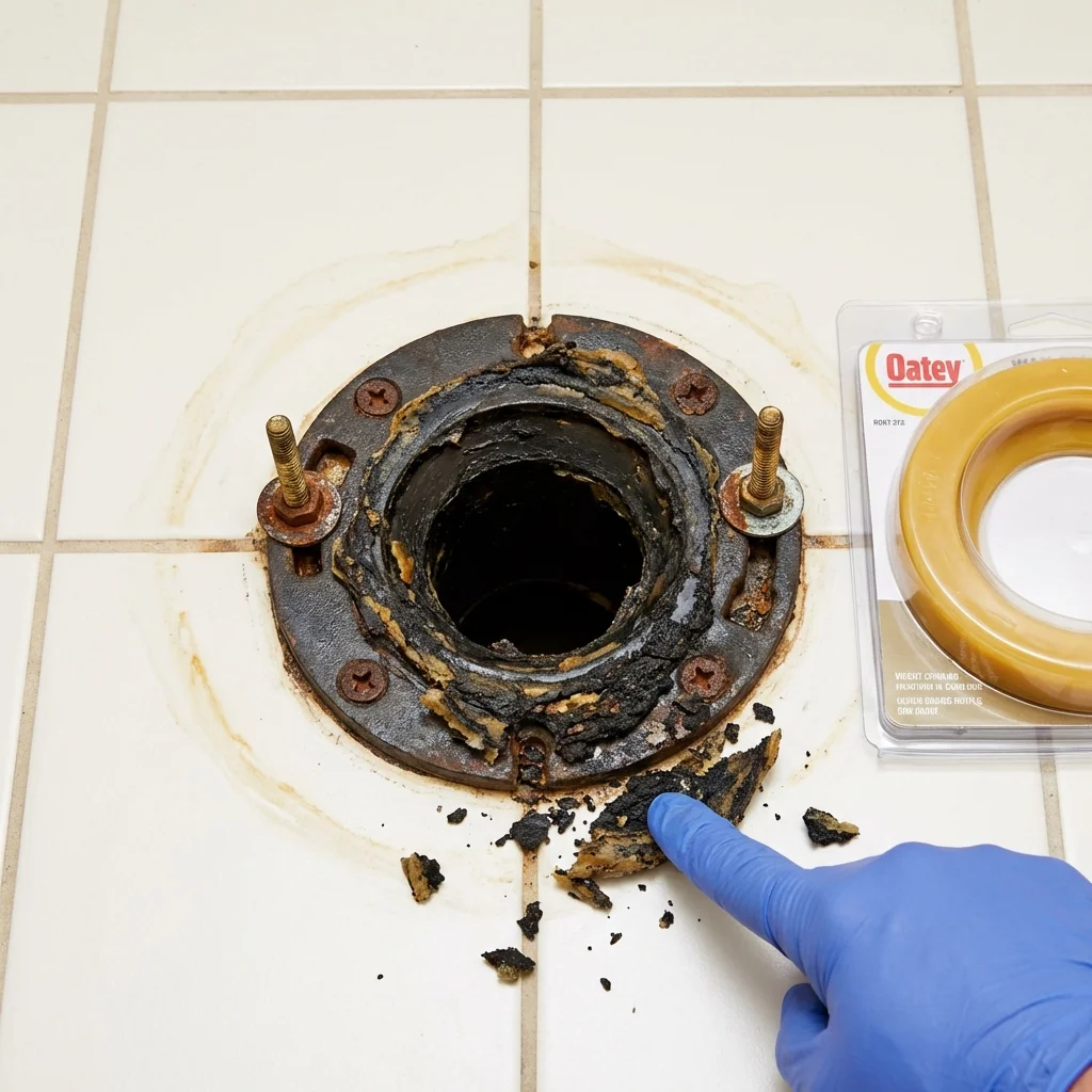 Failed wax ring showing water seepage at the base of a toilet in a Canaan, ME home