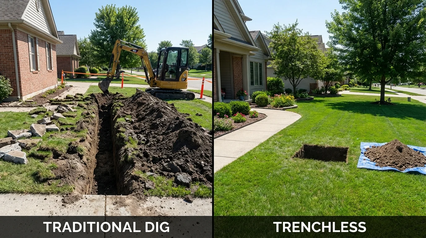 Trenchless sewer repair with minimal yard damage versus traditional excavation in Canaan, ME