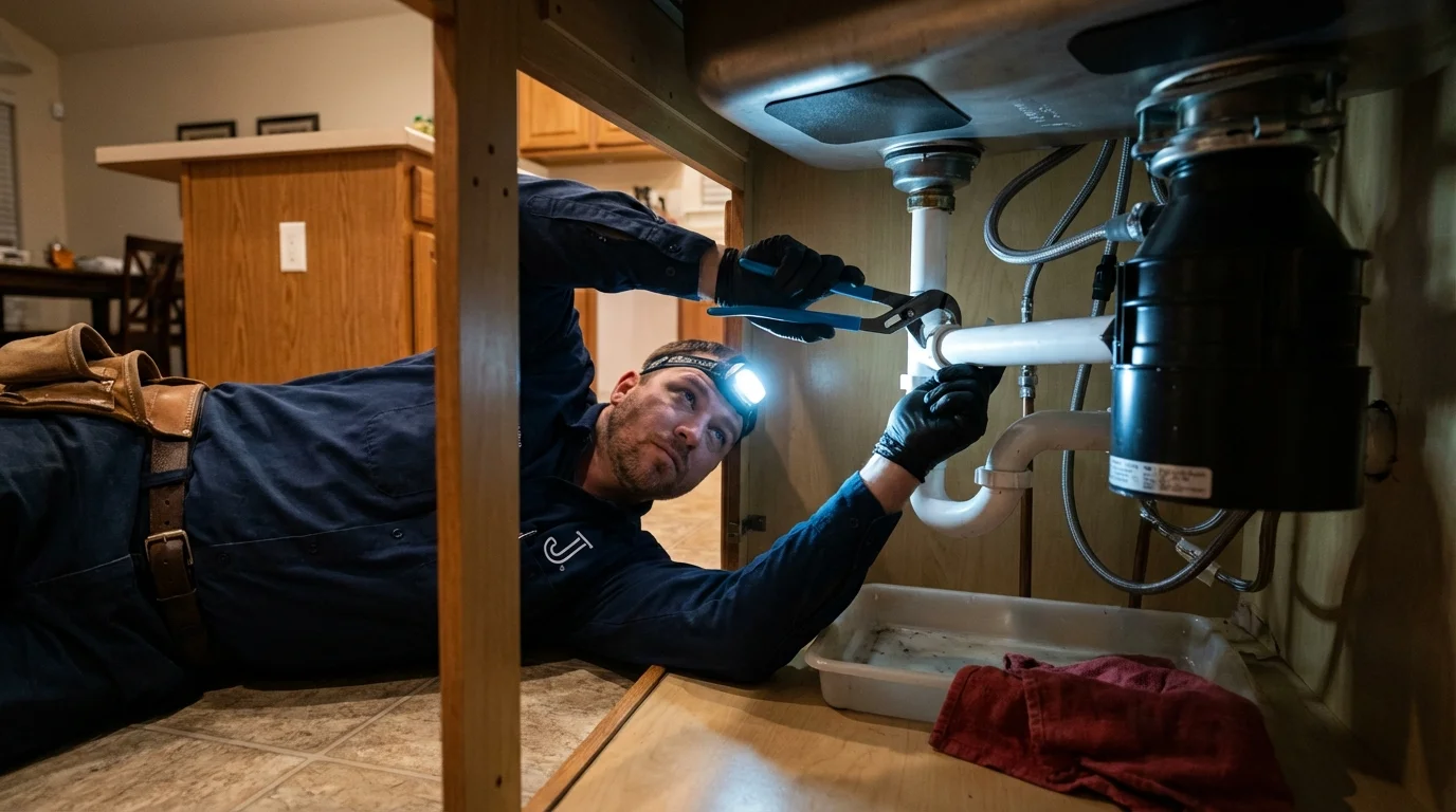 P-trap and supply line connections under a kitchen sink showing a common leak point in Canaan, ME